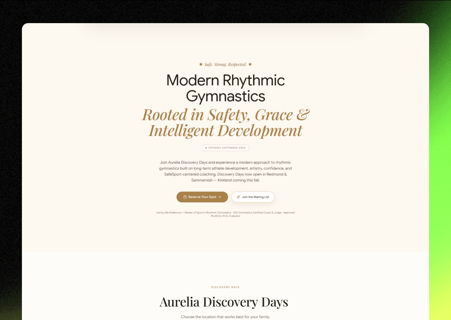 Aurelia Rhythmic Gymnastics Academy landing page showing the Discovery Days offer and coaching credentials