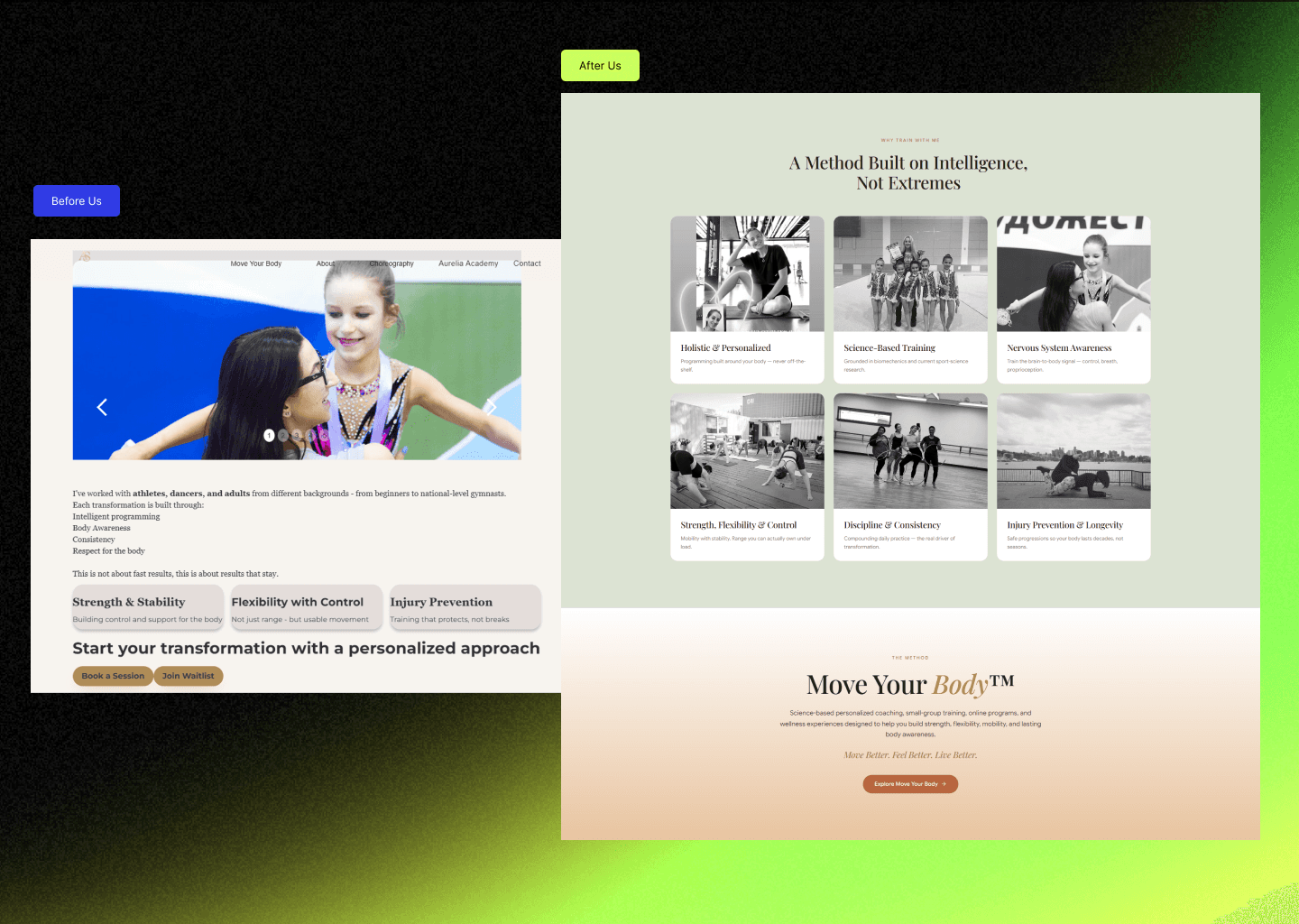 Before and after comparison: the old Move Your Body page with cramped introductory text and boxed feature callouts, beside the redesigned method section with six clean cards and a clear Move Your Body method introduction
