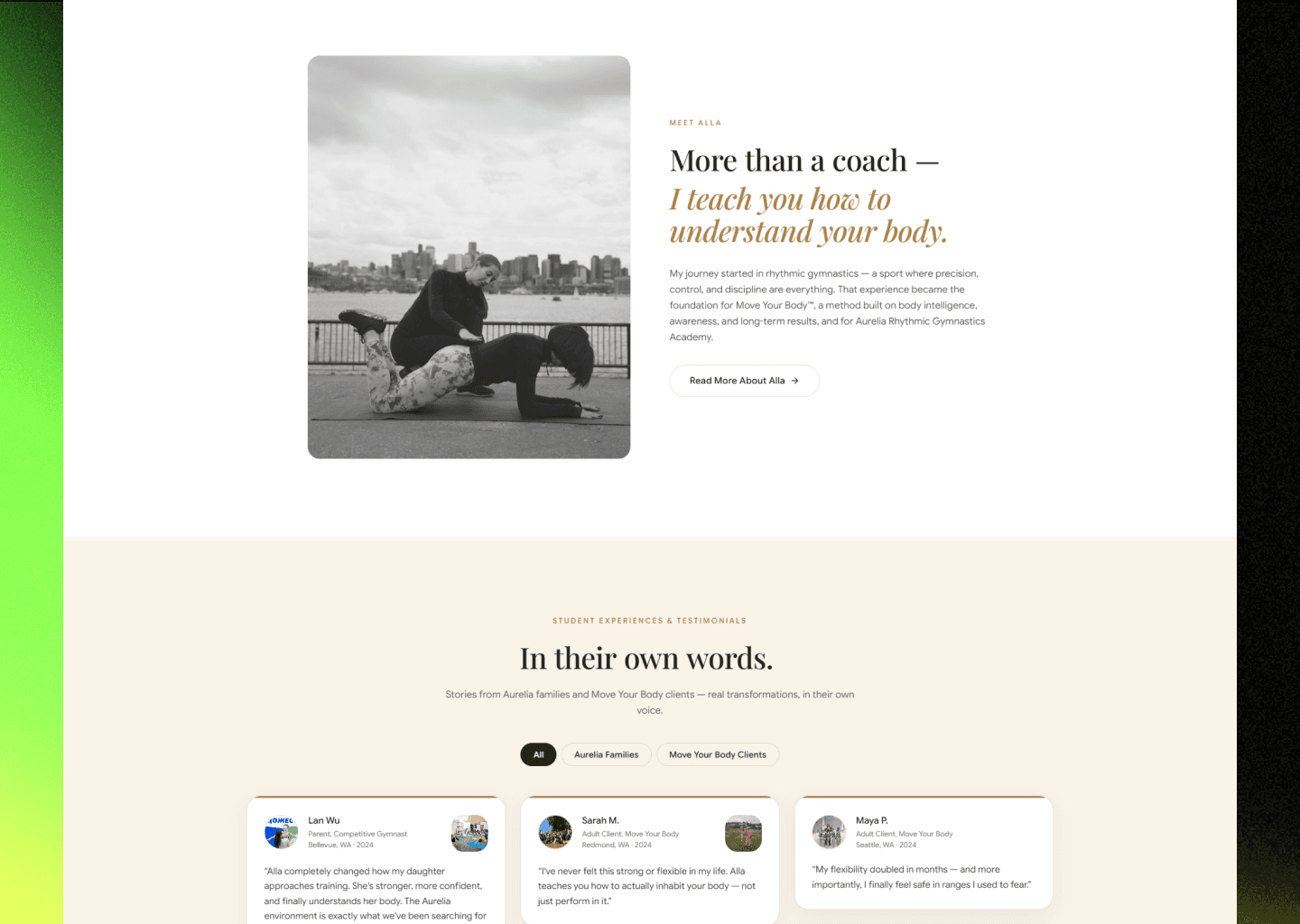 Testimonials section on Alla Shalimova's site with filter tabs for Aurelia Families and Move Your Body Clients