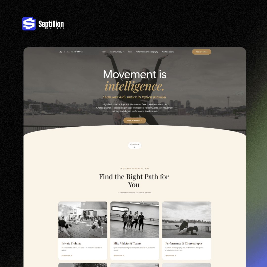 Alla Shalimova's homepage hero showing the "Movement is intelligence" headline and the three coaching paths offered