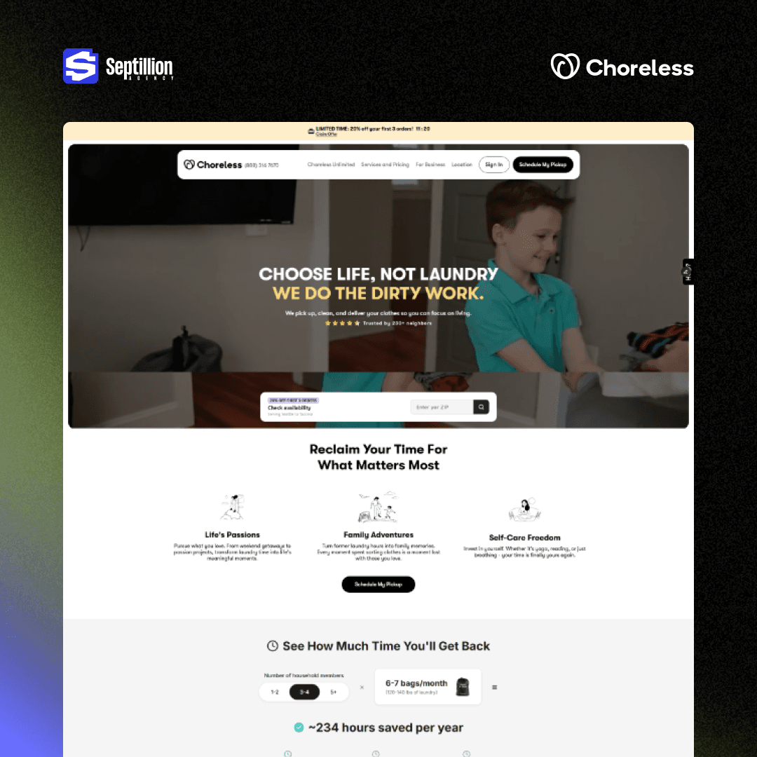 Choreless Laundry homepage showing the "Choose Life, Not Laundry" headline and ZIP code availability checker