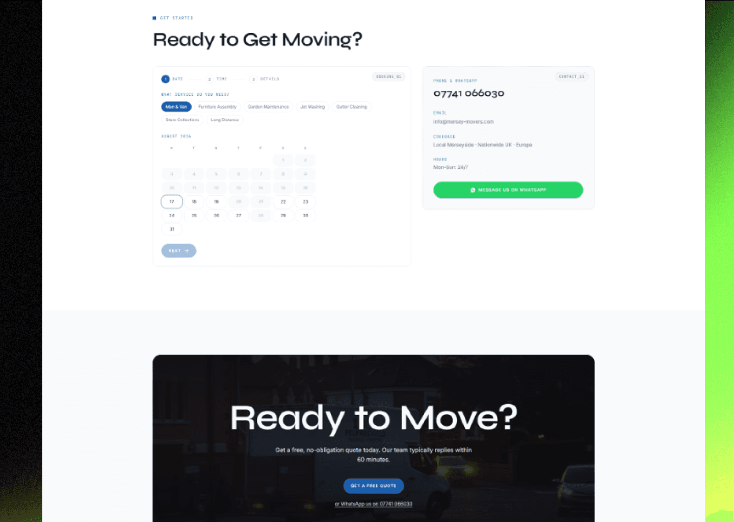 Mersey Movers' custom multi-step booking form showing service selection, calendar date picker, and job details entry
