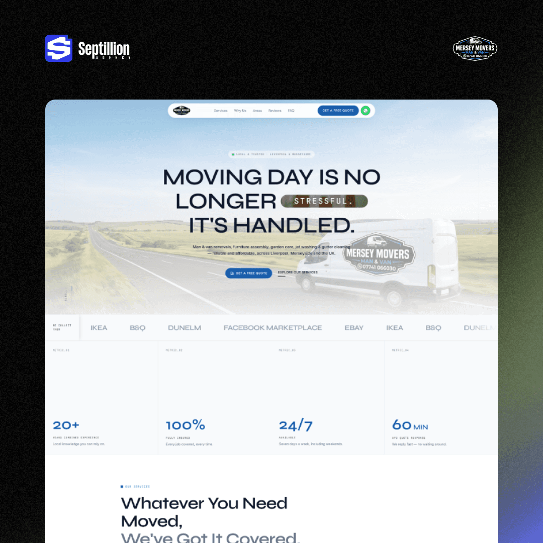Mersey Movers homepage hero showing the "Moving Day Is No Longer Stressful, It's Handled" headline above the marketplace collection marquee and trust stat row