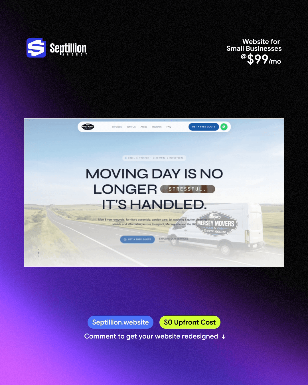 Screen recording scrolling through the Mersey Movers website, from the hero headline down through the services grid and booking form