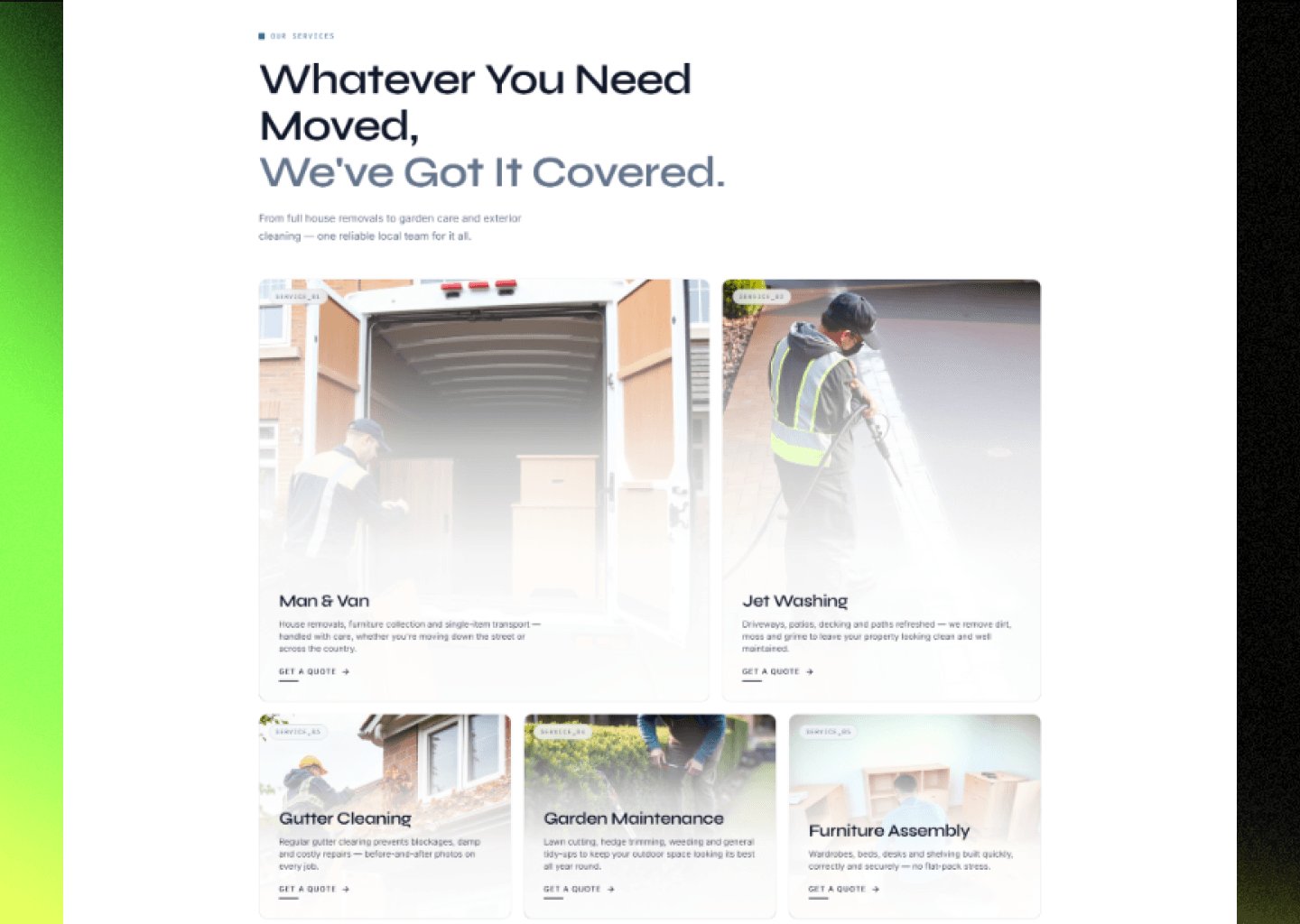 Mersey Movers services grid under the heading "Whatever You Need Moved, We've Got It Covered" showing Man & Van, Jet Washing, Gutter Cleaning, Garden Maintenance and Furniture Assembly