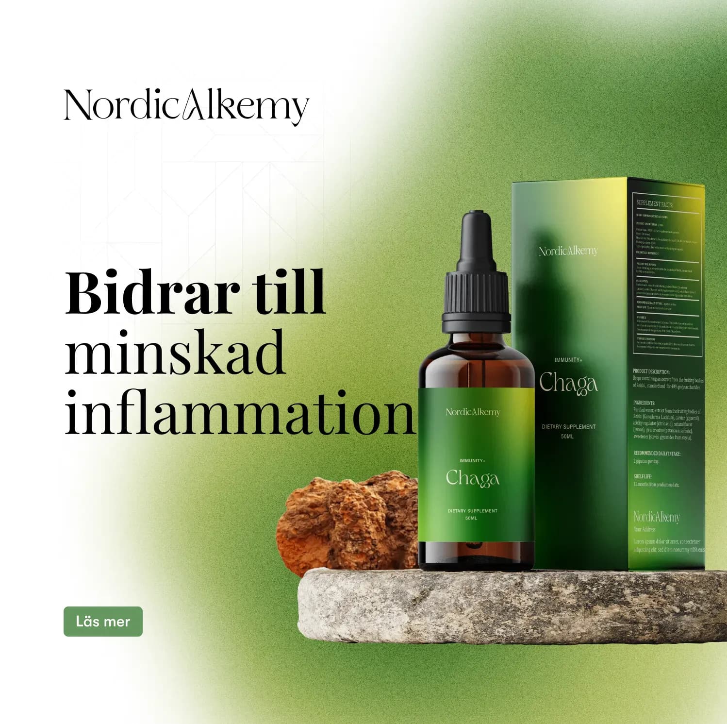 NordicAlkemy product post in Swedish promoting a chaga supplement, with the bottle and box on a stone