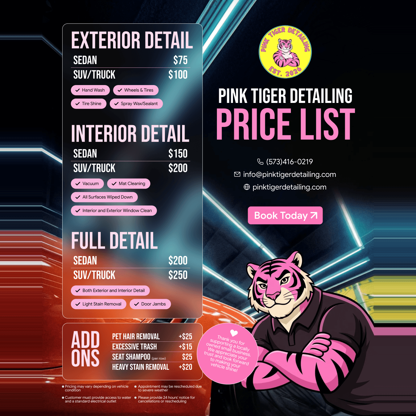 Pink Tiger Detailing price list post covering exterior, interior and full detail packages with add-on pricing