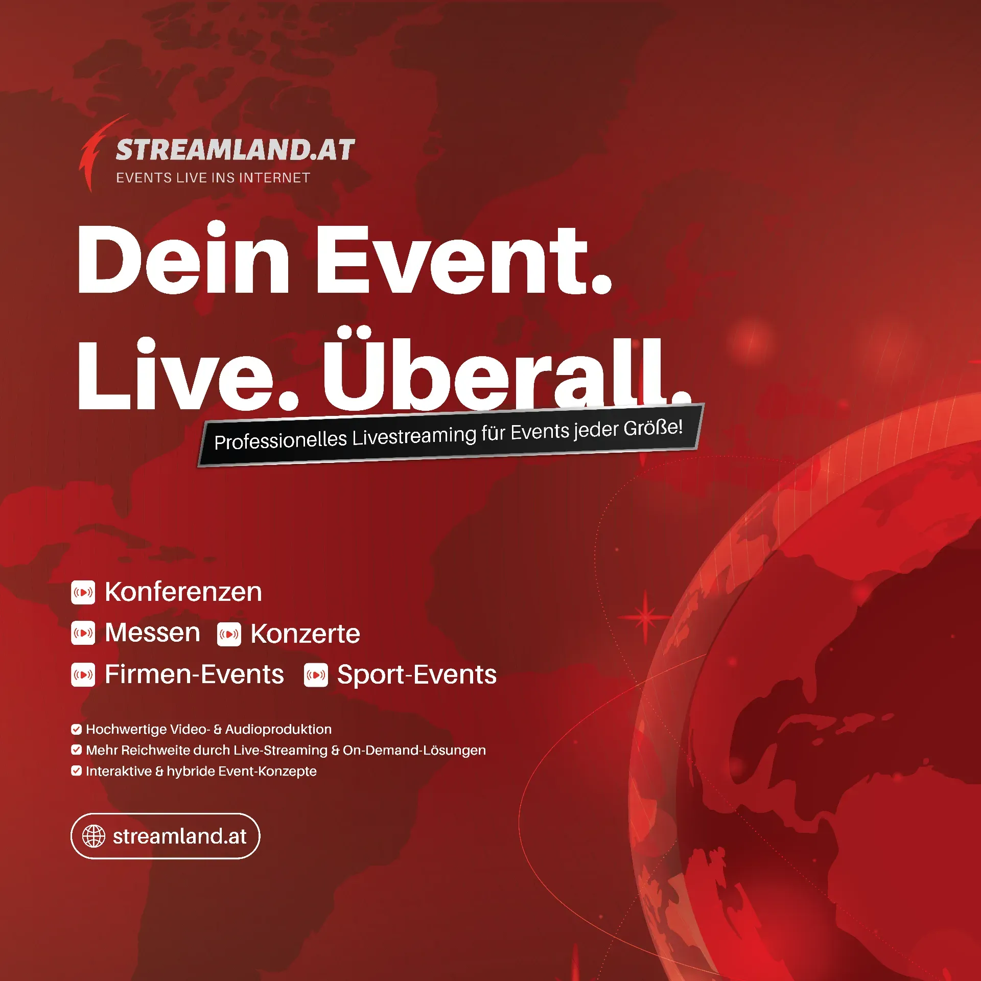 Streamland.at post in German advertising professional live streaming for conferences, trade fairs and concerts