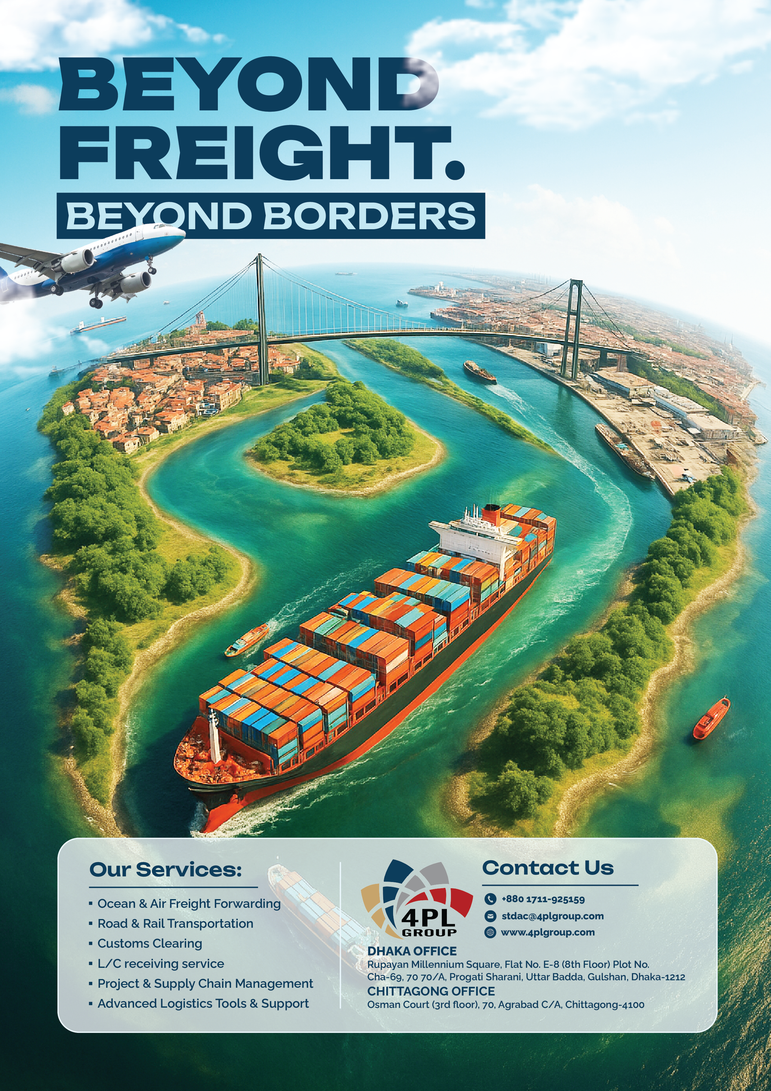4PL freight forwarding flyer headed "Beyond Freight. Beyond Borders." with a container ship and a list of logistics services