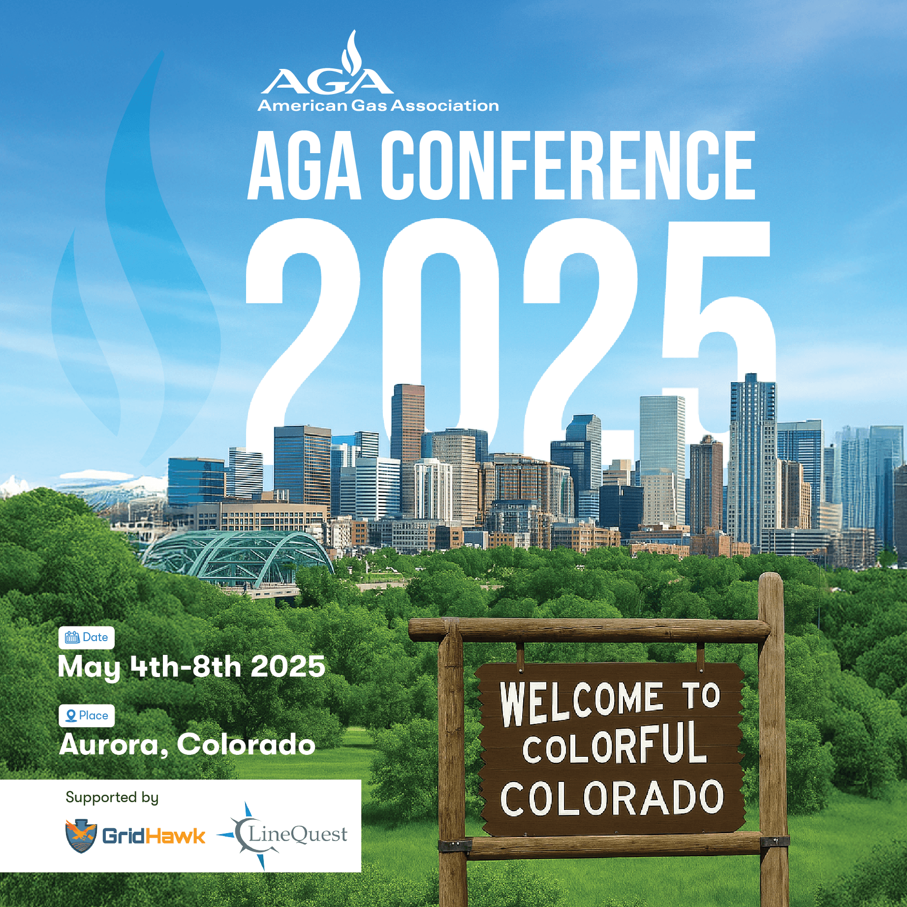 American Gas Association 2025 conference graphic showing the Denver skyline and the event dates in Aurora, Colorado