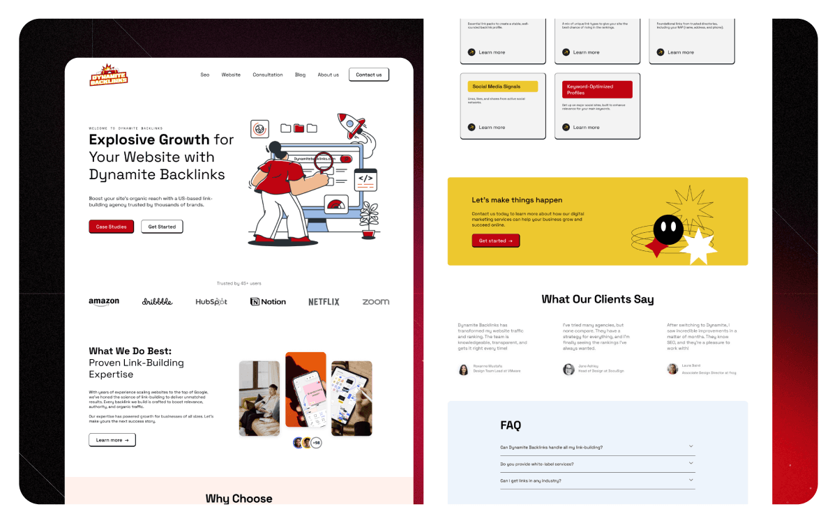 Dynamite Backlinks homepage and services pages