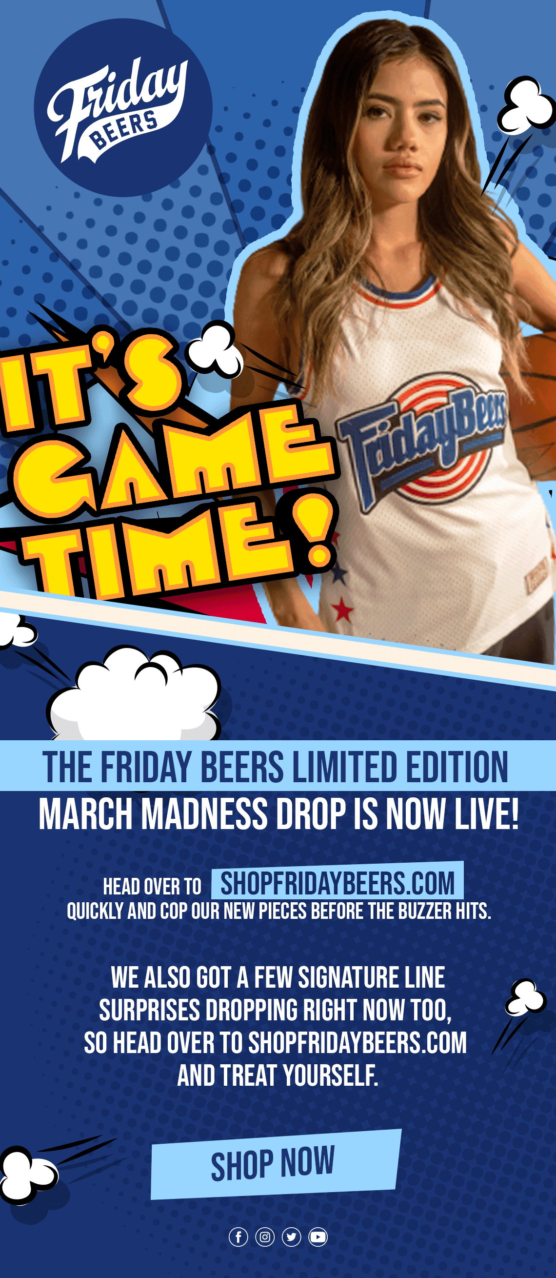 Friday Beers email marketing design announcing a "It's Game Time" March Madness limited edition drop
