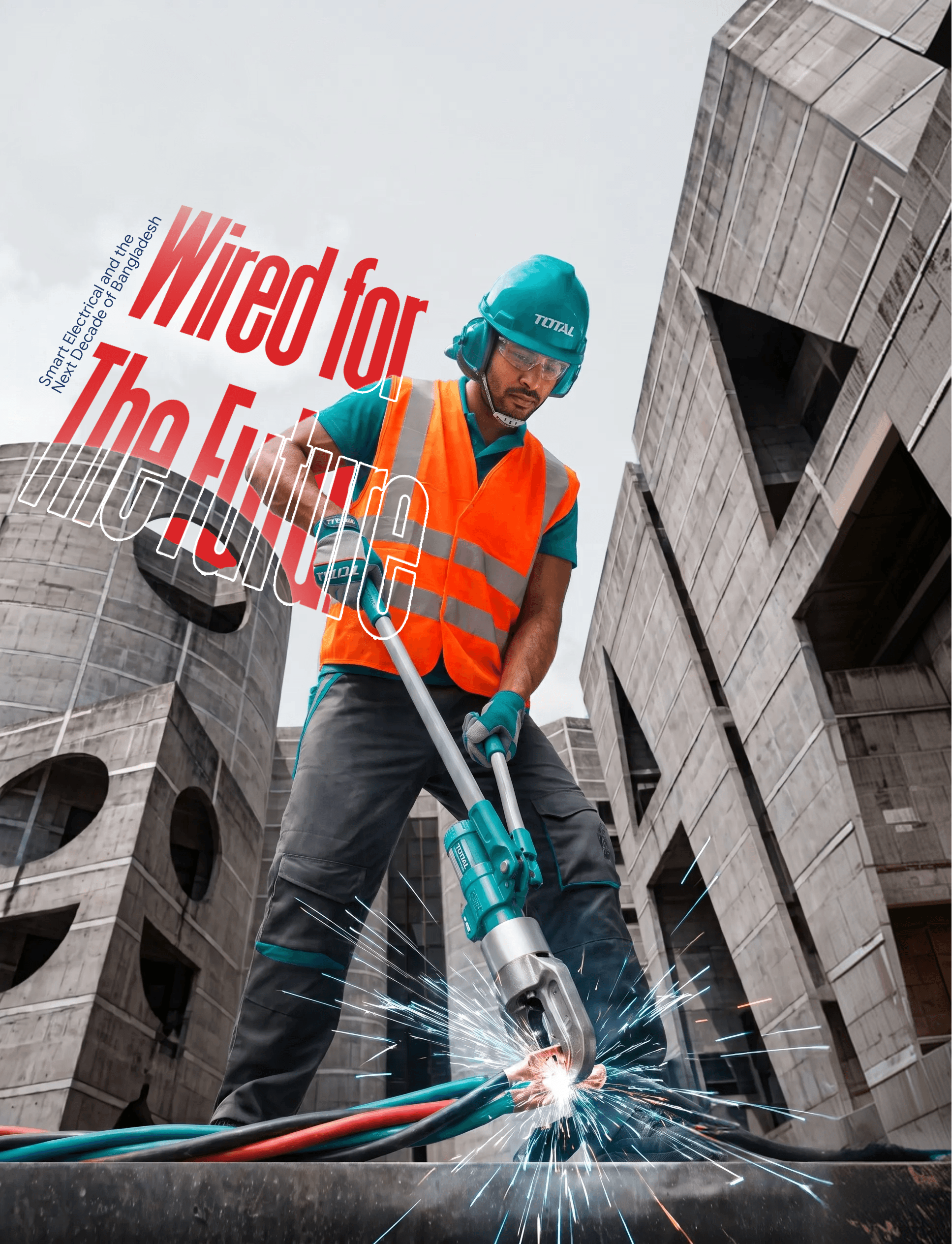 Photo manipulation titled "Wired for the Future" showing a utility worker splicing glowing cables between two buildings