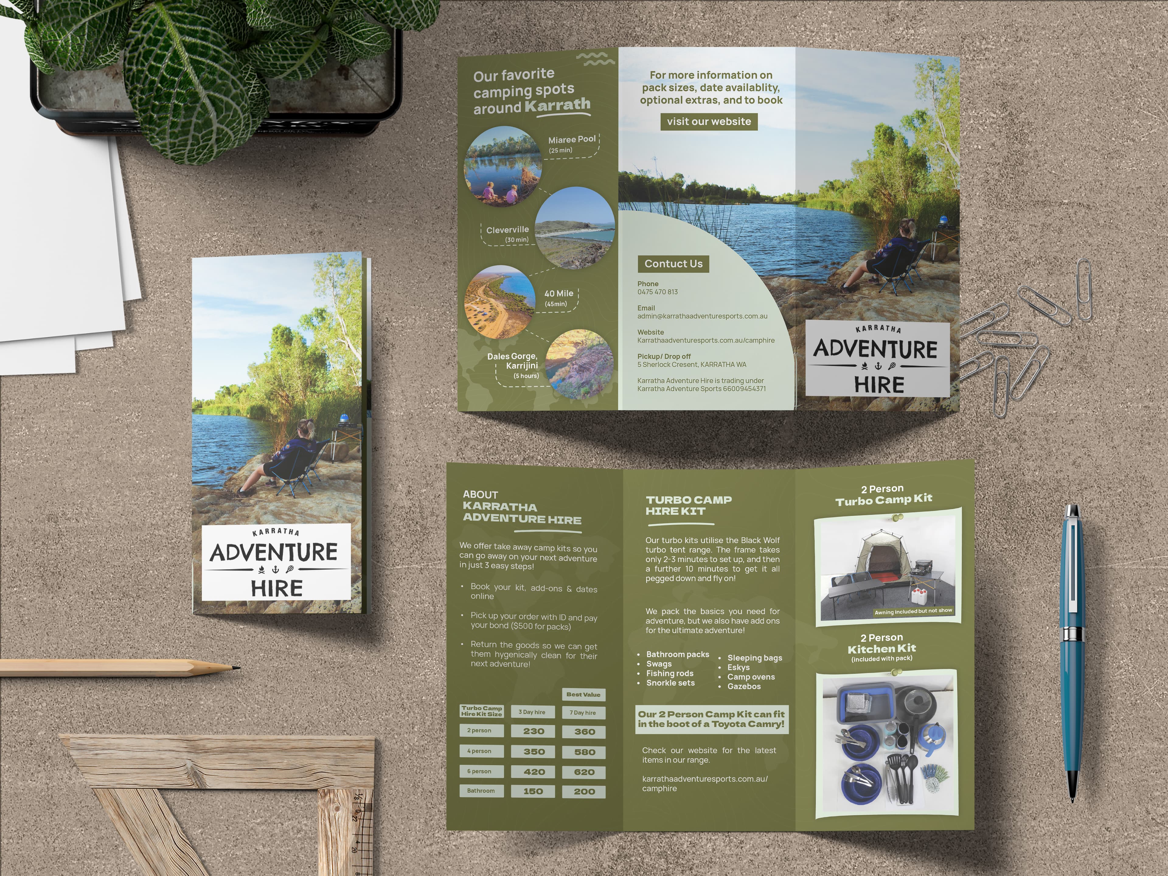 Trifold brochure design for "Adventure for Hire" photographed flat with its cover and inside spread