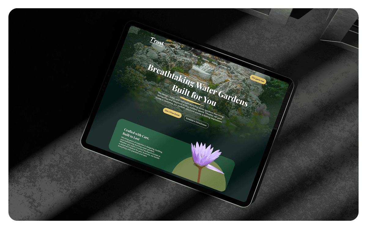 Trost Water Gardens website shown on a tablet