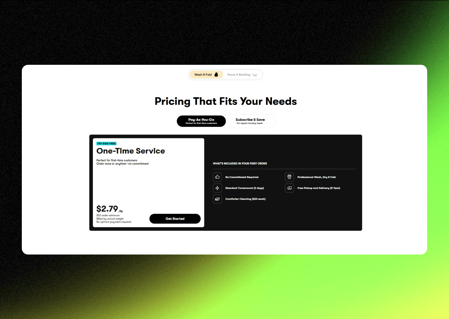 Wash and Fold one-time service pricing card showing $2.79 per pound with no upfront payment required