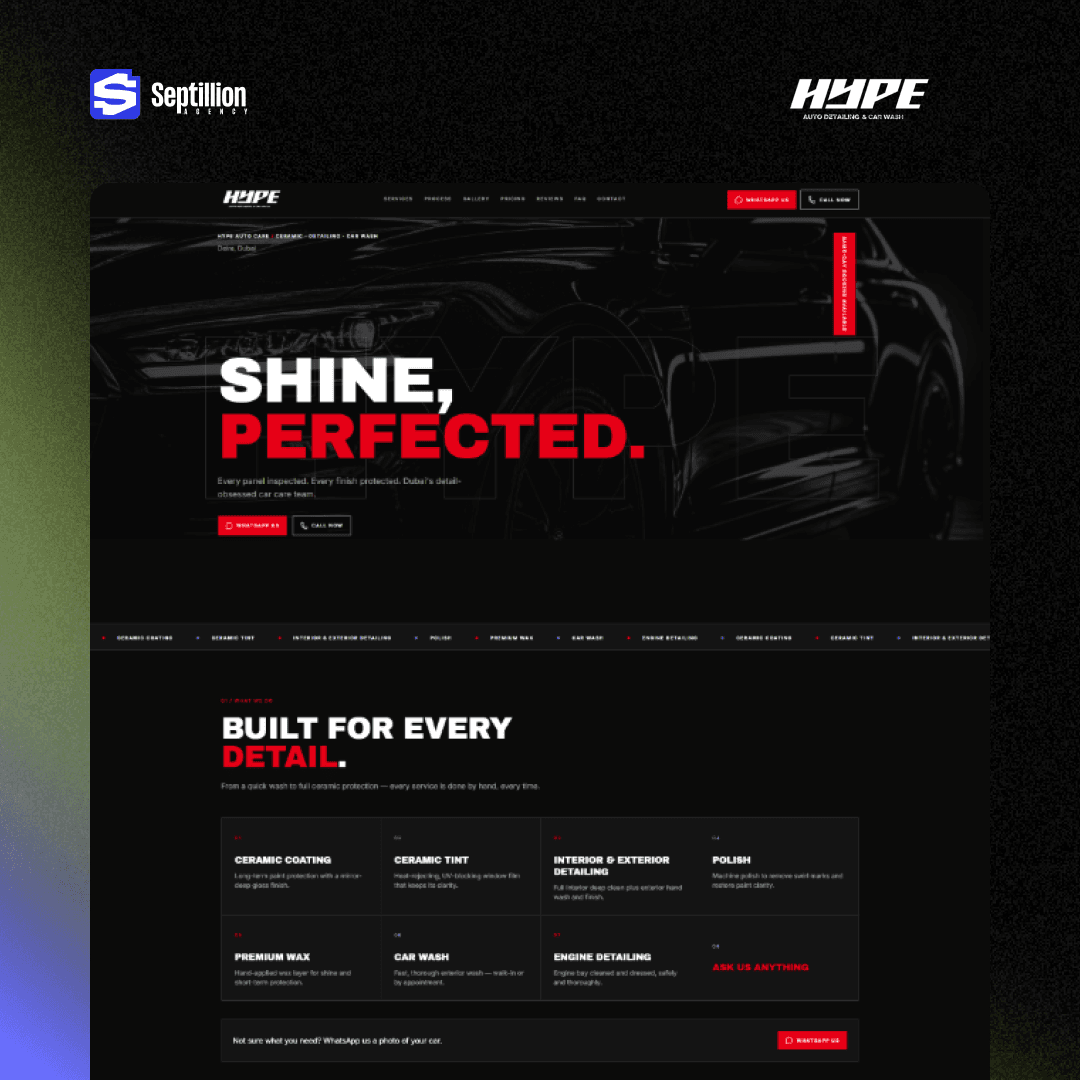 HYPE auto detailing homepage hero showing the "Shine, Perfected" headline and the Built For Every Detail services grid